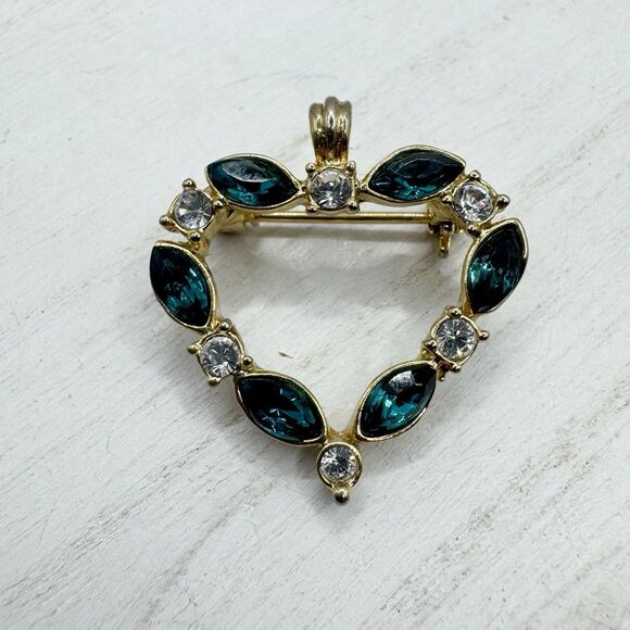 Blue Marquis Crystal Heart Brooch Pendant Gold Tone Romantic Love Dainty Classic - Picture 3 of 5